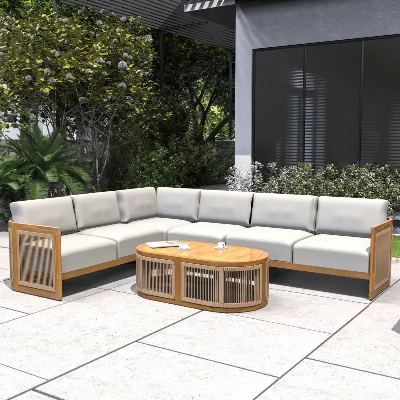 5-Seater Solid Acacia Wood Modular L-Shape Garden Sofa Set with Oval Coffee Table