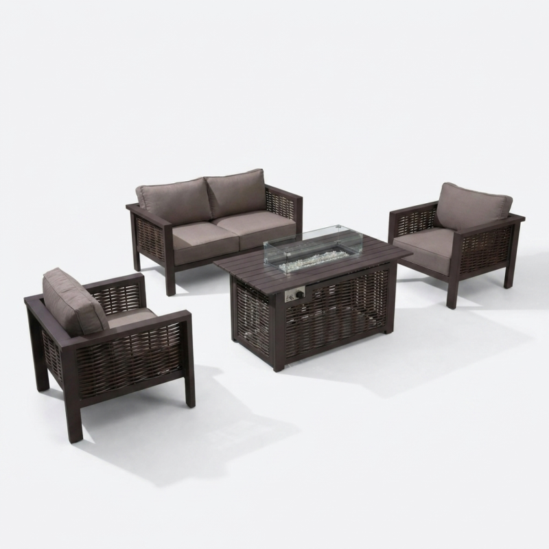 Dallas 4 Seater Rattan Garden Fire Pit Sofa Set - Brown