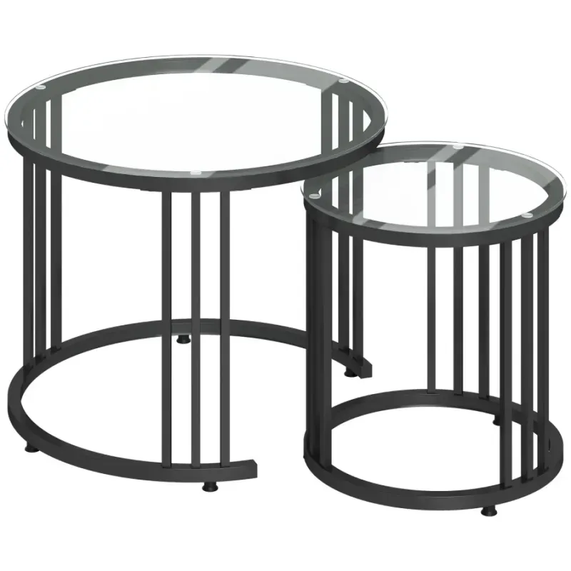  Set of 2 Nesting Coffee Tables, Round Glass Side Tables with Black Steel Frame