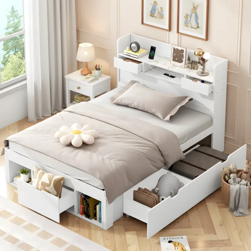 3FT Single Daybed with Storage Cabinet, Drawers and USB Port - White