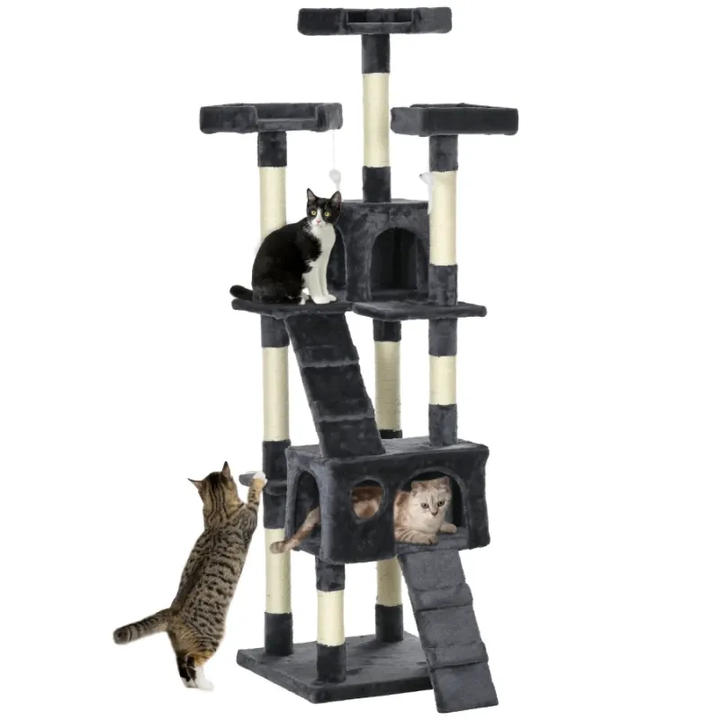173cm Multi-Level Cat Tree with Two Houses & Scratching Posts - Charcoal Grey