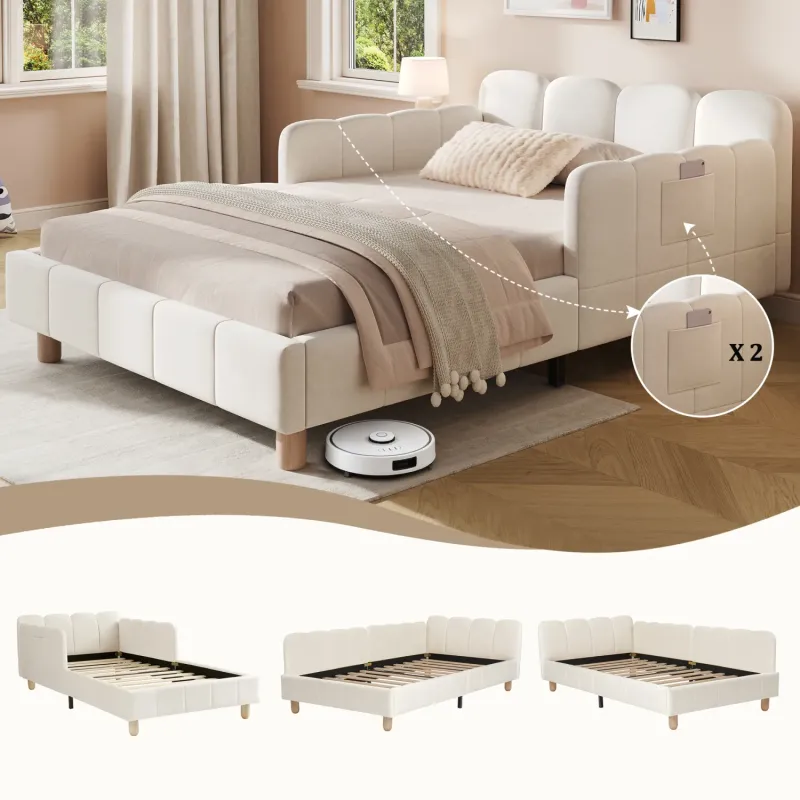 Vertical Stripe Velvet Upholstered Single Bed with Safety Rail and Storage, Beige
