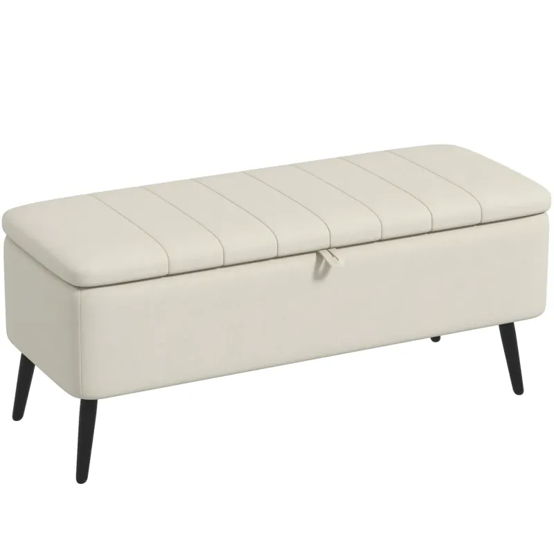 Linen-Look Storage Ottoman Bench with Steel Legs - Cream White