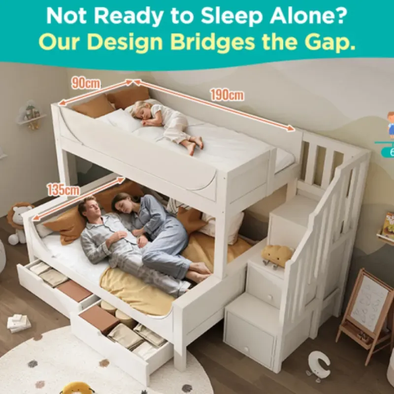 Solid Wood Triple Bunk Bed with Storage Staircase and Underbed Drawer, White