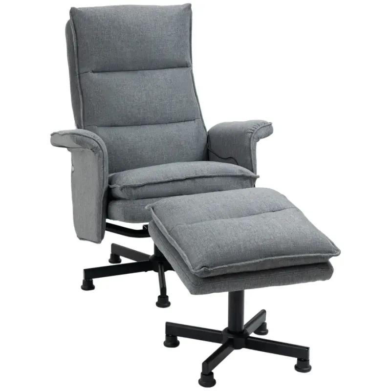Grey Linen-Look Massage Swivel Recliner Chair with Matching Footstool