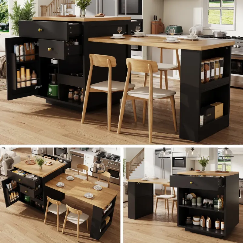 Extendable Kitchen Island with Integrated Dining Table and Wine Rack