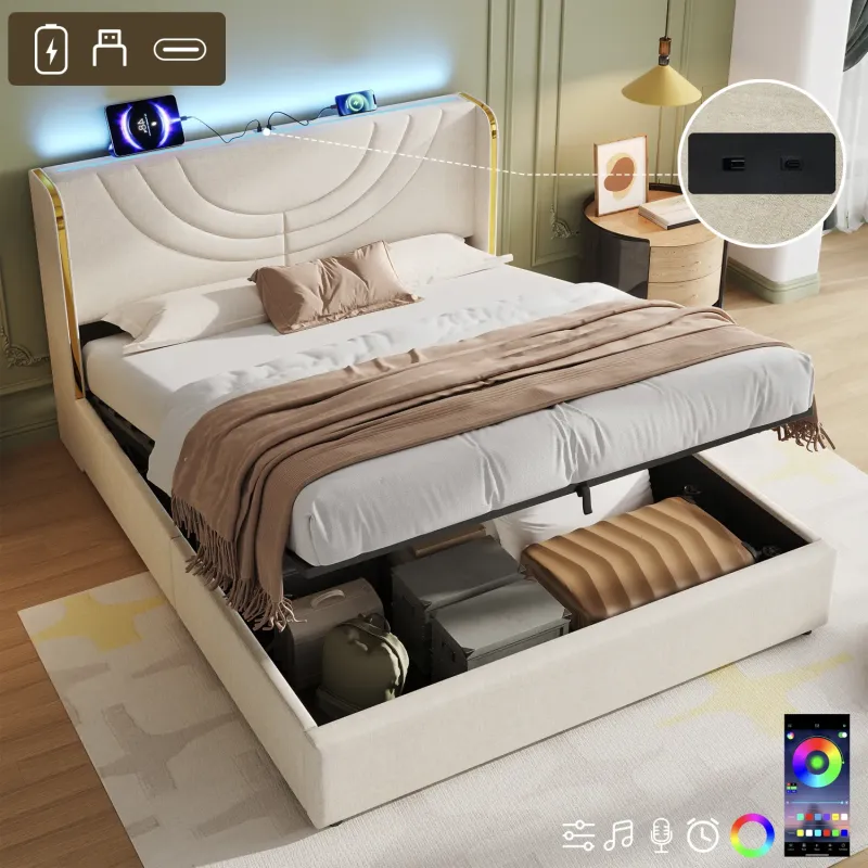 5ft King Ottoman Bed Frame with LED Headboard and Charging Station - Beige