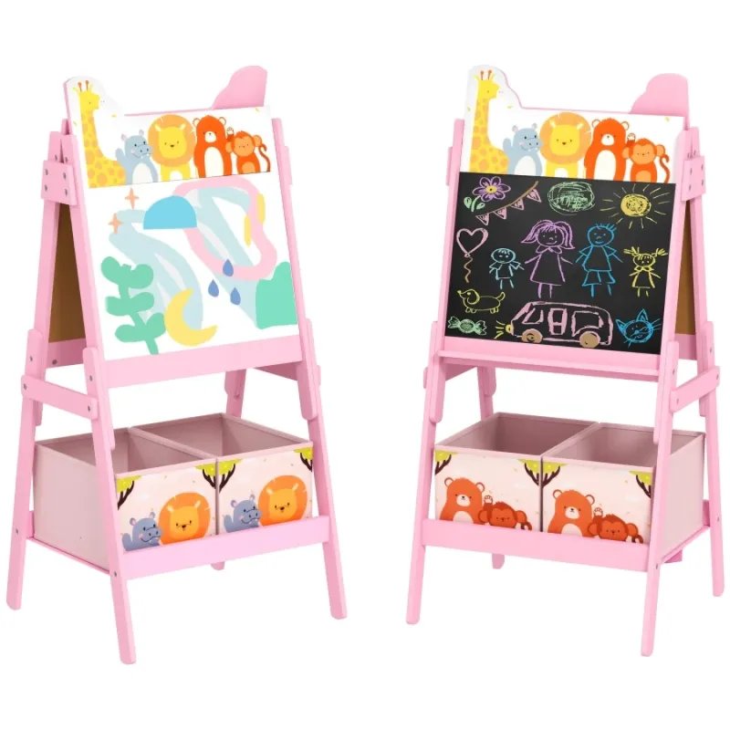 2-in-1 Kids Wooden Art Easel with Blackboard, Whiteboard and Storage Boxes - Pink