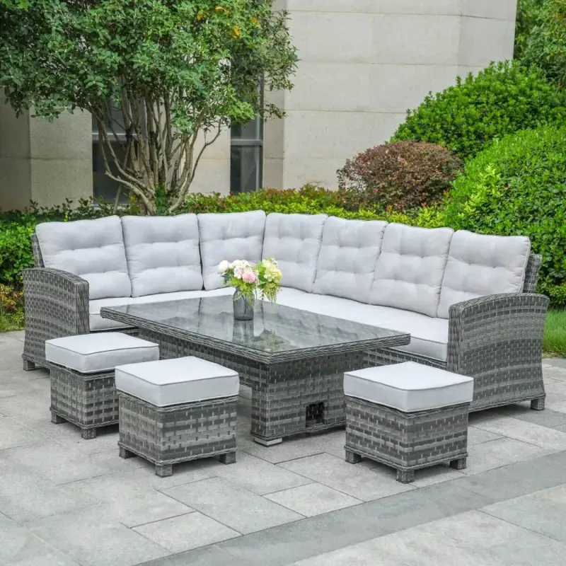 8-Seater Rattan Corner Sofa Set with Rising Height Adjustable Dining Table