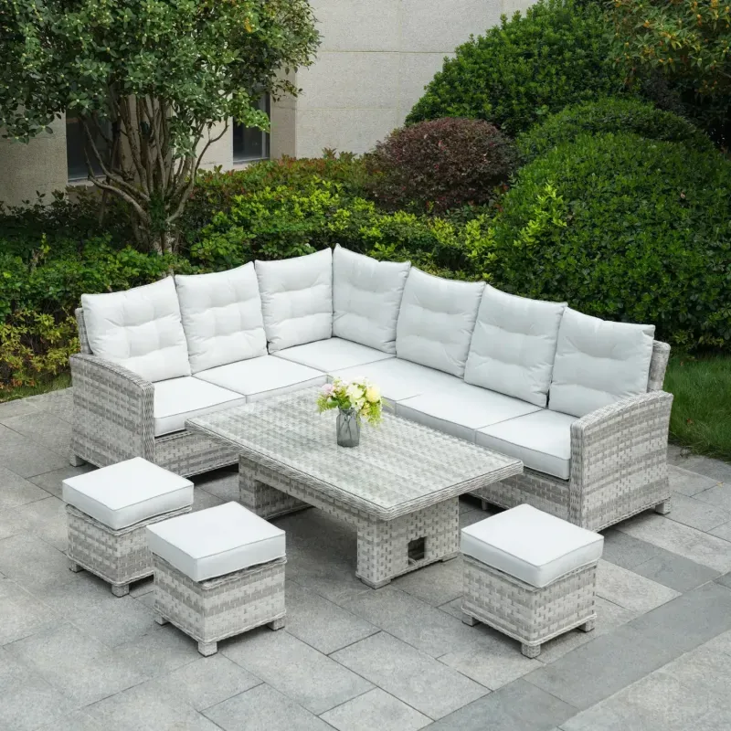 Rattan & Aluminium Corner Sofa Set, 8 Seater, in Whitewash, with a Rectangular Rising Height Adjustable Dining Table