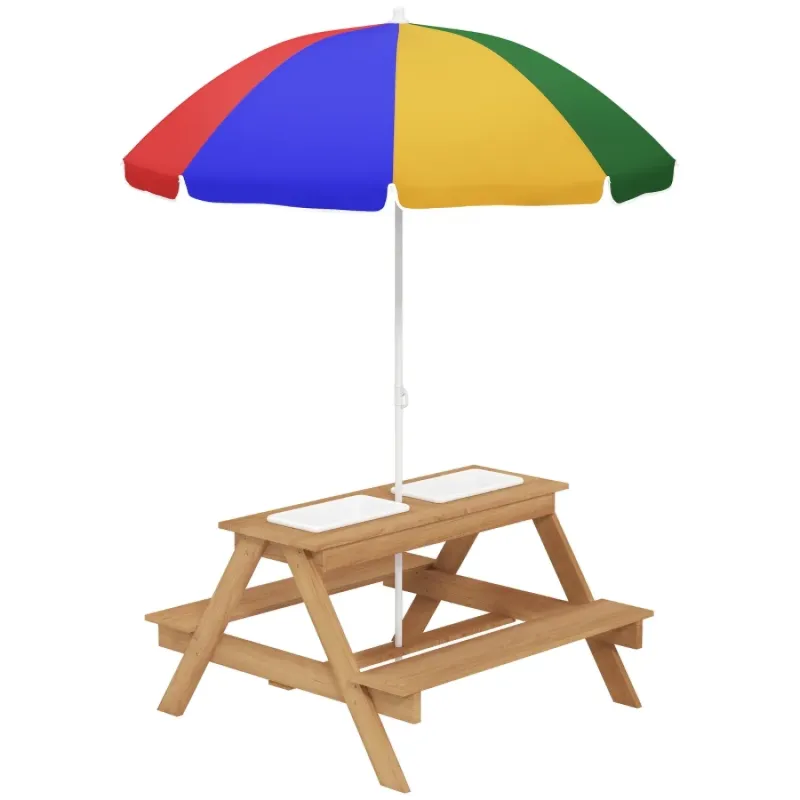 Kids Picnic Table with Sand and Water Bins & Adjustable Parasol - Multicolour