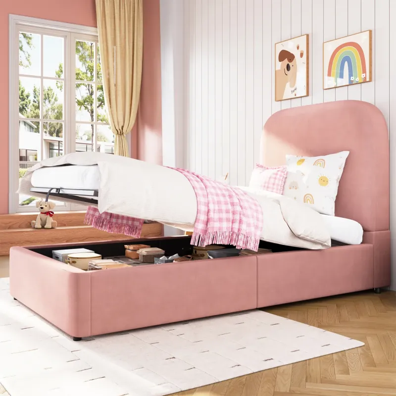 Pink Velvet Single Ottoman Bed with Hydraulic Storage - 90 x 190cm