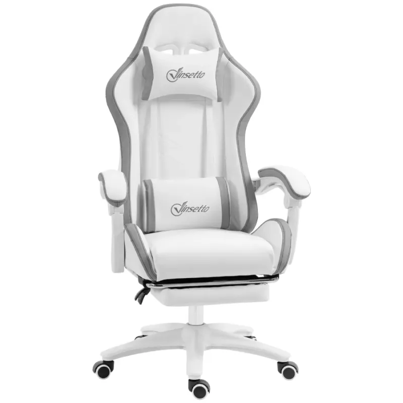 Faux Leather Reclining Gaming Chair with Footrest - White and Grey