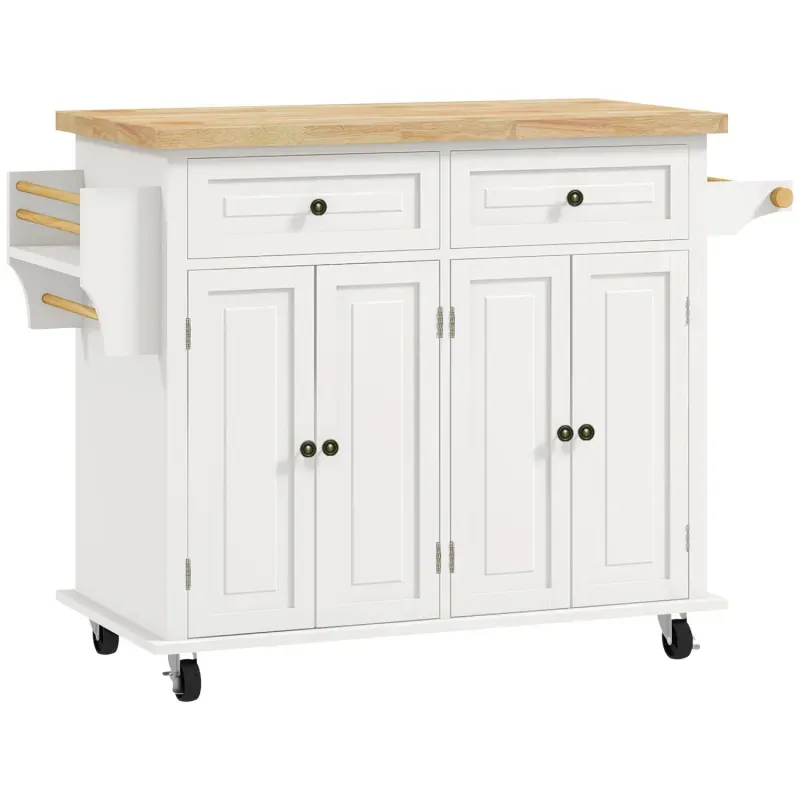  Rolling Kitchen Island Trolley with Rubberwood Top and Storage Cabinets - Cream White