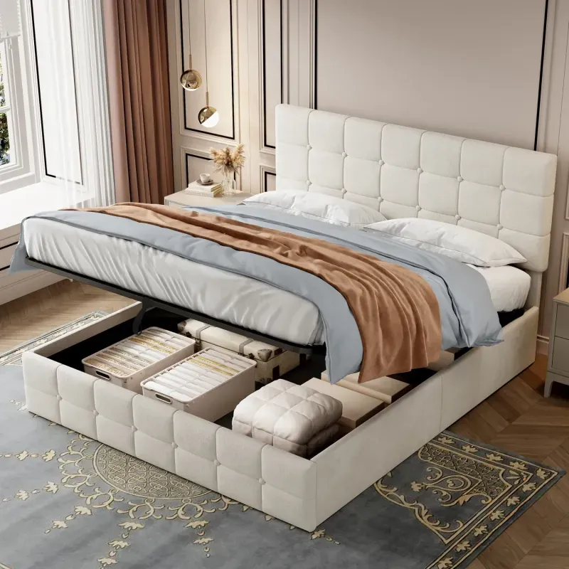 Double Beige Velvet Ottoman Bed with Adjustable Button Tufted Headboard