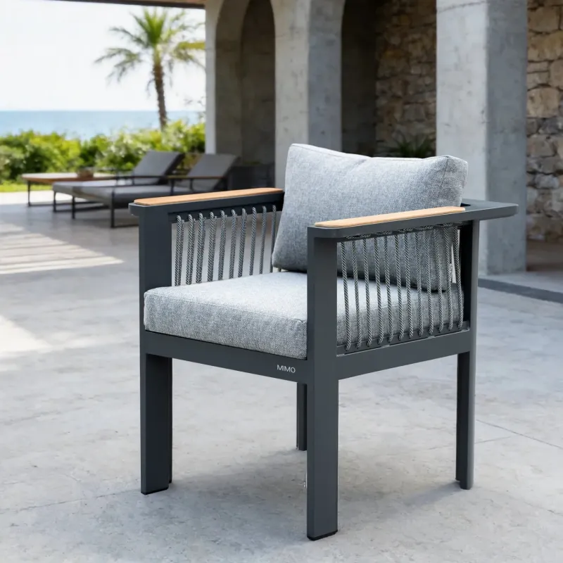 Talara Aluminium Outdoor Dining Chair with Teak Armrests and Rope Detail