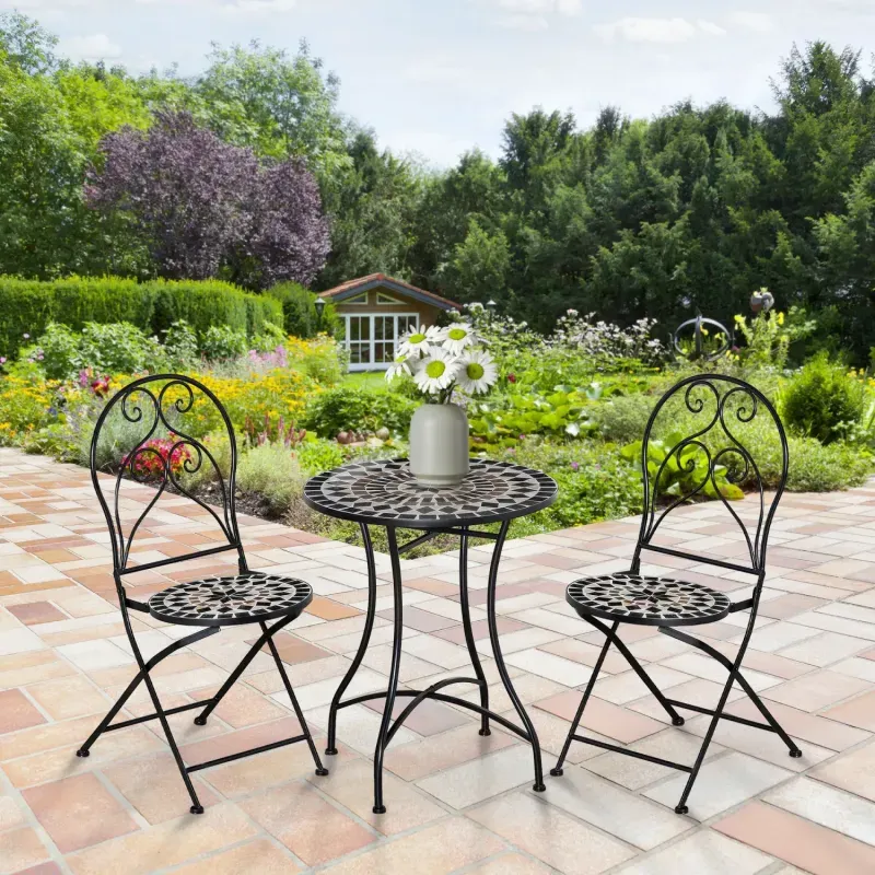  3-Piece Mosaic Tile Garden Bistro Set with Folding Chairs