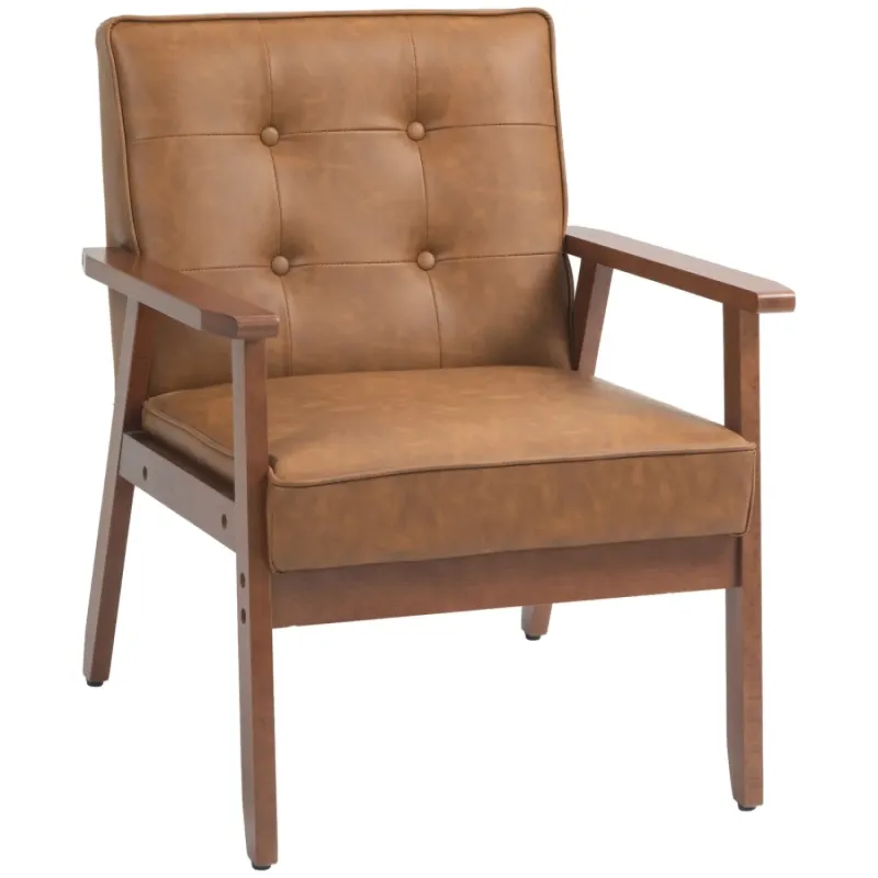 Faux Leather Armchair, in Brown, with Solid Wood Frame