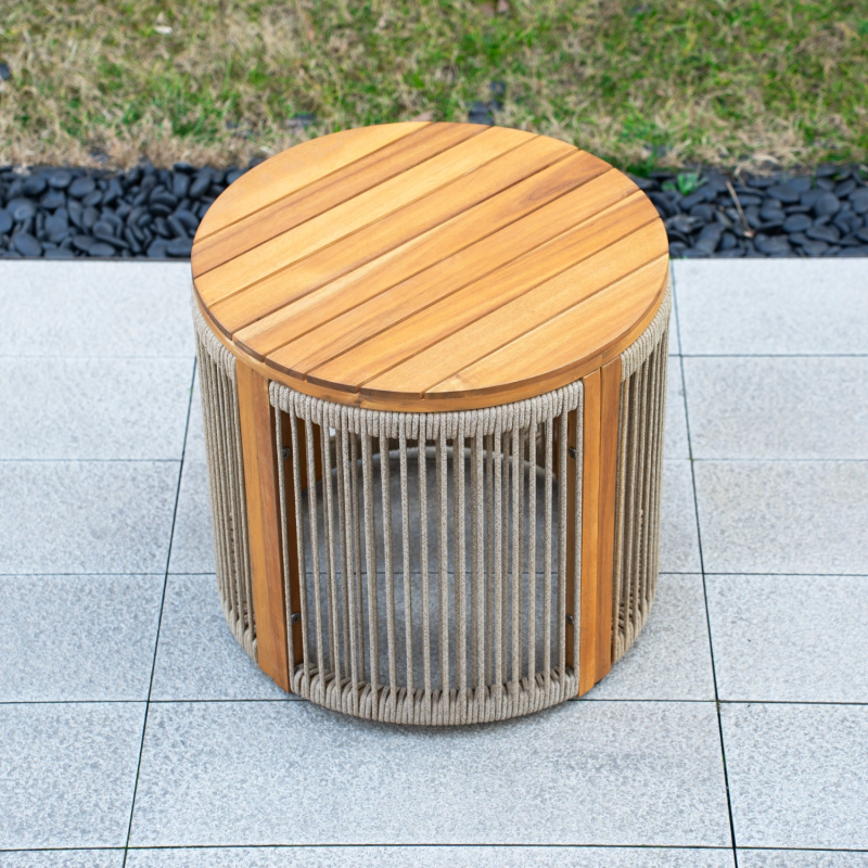 Acacia Wood Round Outdoor Side Table, Ø48cm, in Natural, with Rope-Woven Detail