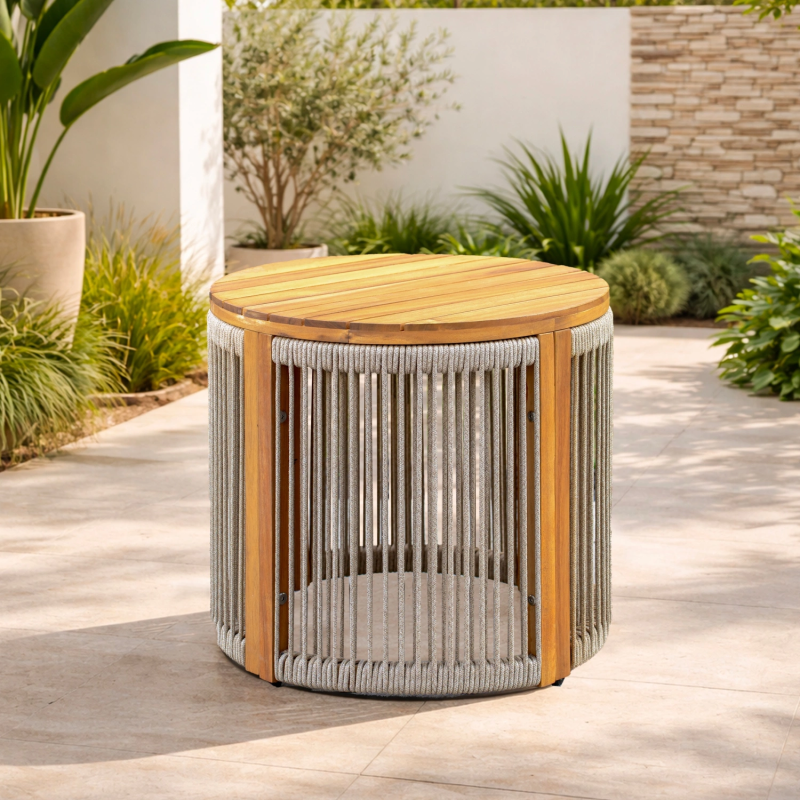 Caven Solid Wood Side Table, Ø48cm, in Natural, with Rope-Woven Detail