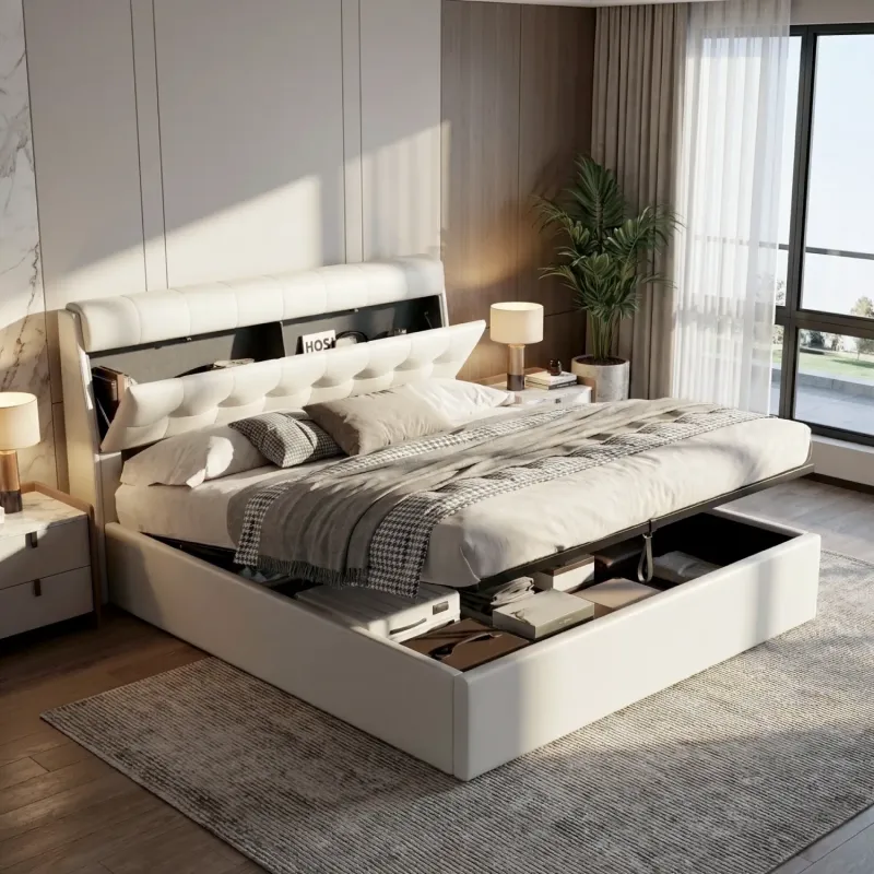 Cream White PU Leather Ottoman Double Bed with Concealed Headboard Storage
