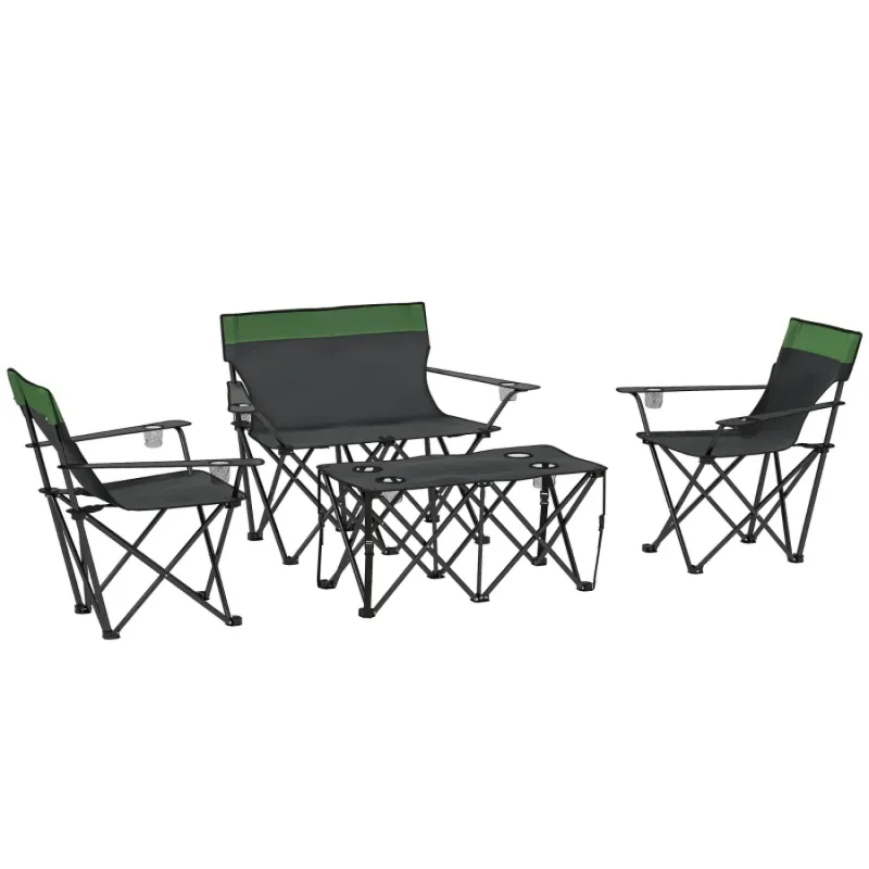 Metal and Oxford Fabric Camping Dining Set, 4 Seater Set, in Green, with a Rectangular Table & Cup Holders