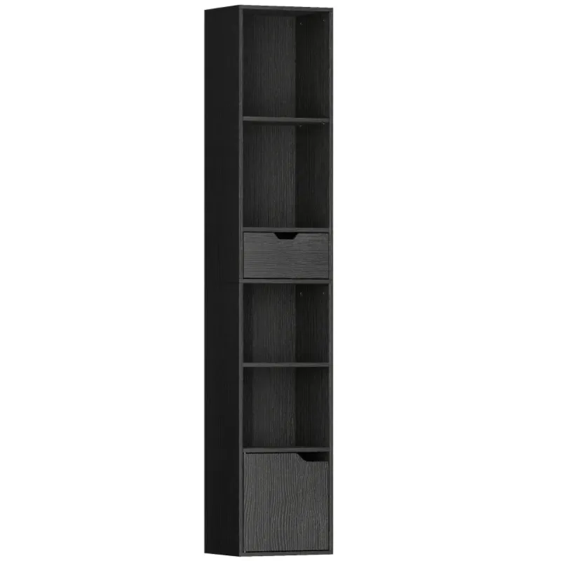  6-Tier Slim Bookcase, Narrow Tall Storage Unit with Drawer and Cupboard - Black