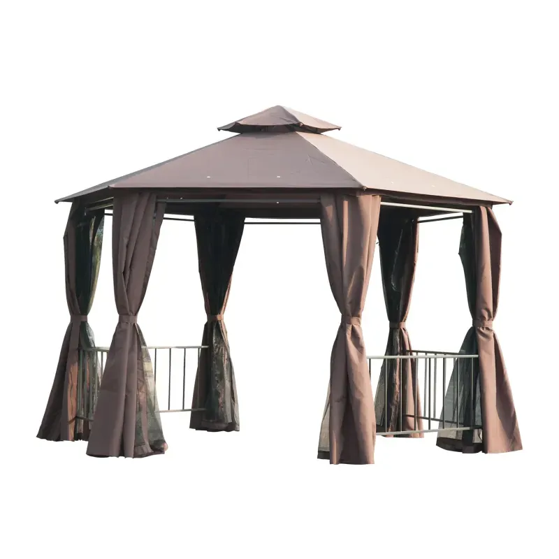  3m Hexagonal Garden Gazebo with 2-Tier Roof and Double-Layer Curtains - Brown
