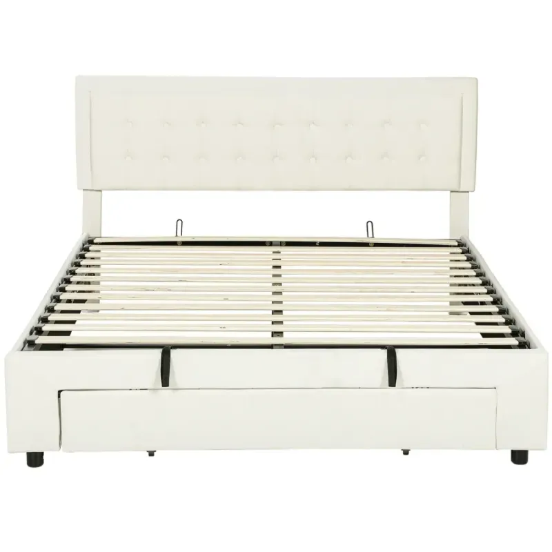 King Size Ottoman Bed Frame with Gas Lift Storage and Front Drawer - Cream