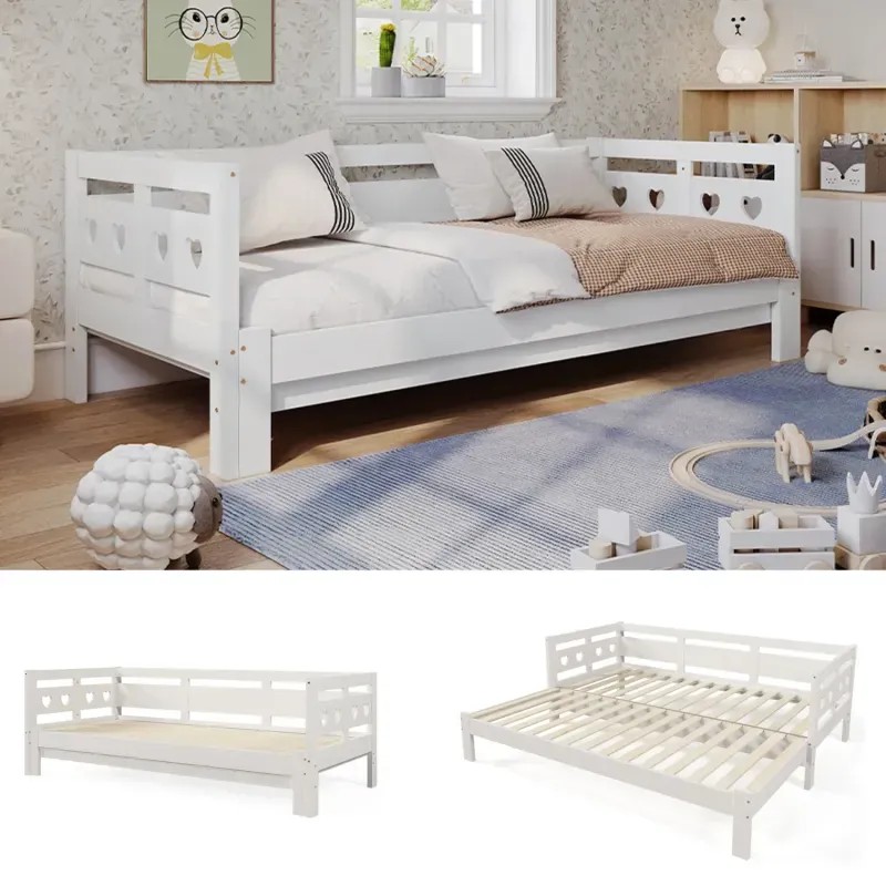 White Wooden Single Heart-Shaped Daybed with Pull-Out Trundle Guest Bed
