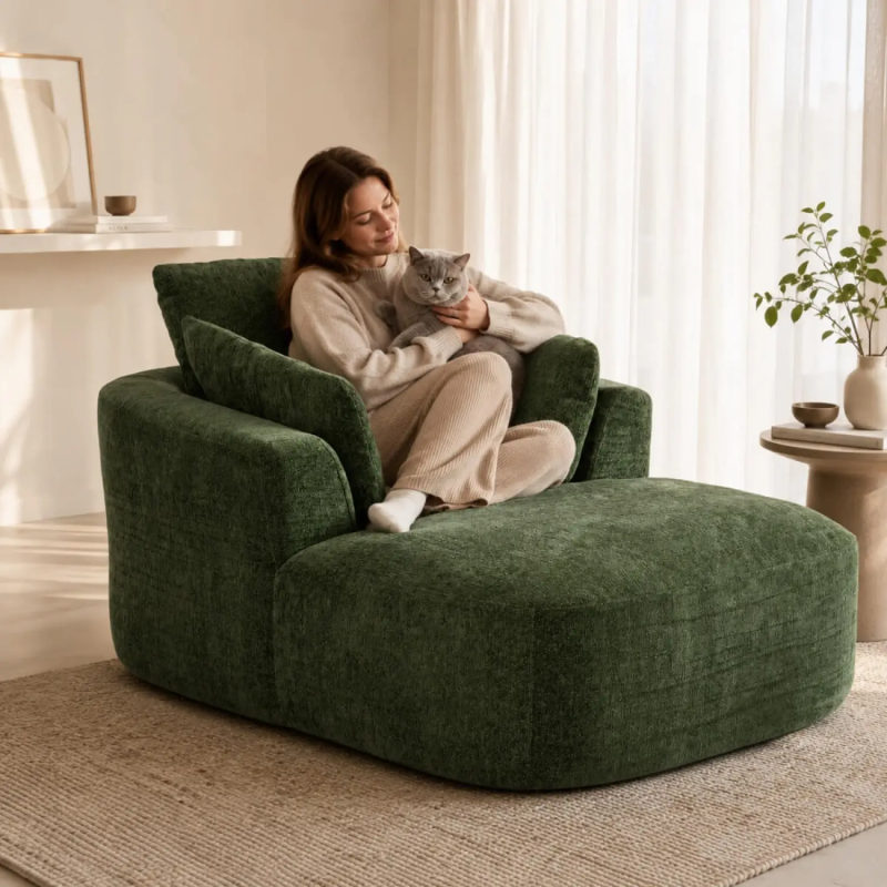 Softy Textured Fabric Armchair, in Green, with High-Density Foam and Compressed Pack