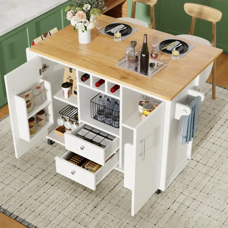 Large Kitchen Island Trolley with Folding Drop-Leaf Worktop & Wine Rack - White
