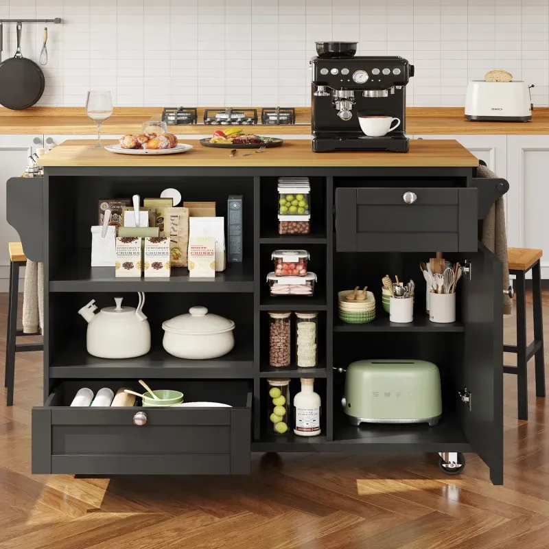 129cm Mobile Kitchen Island with Wood Top - Black Dining Trolley with Storage
