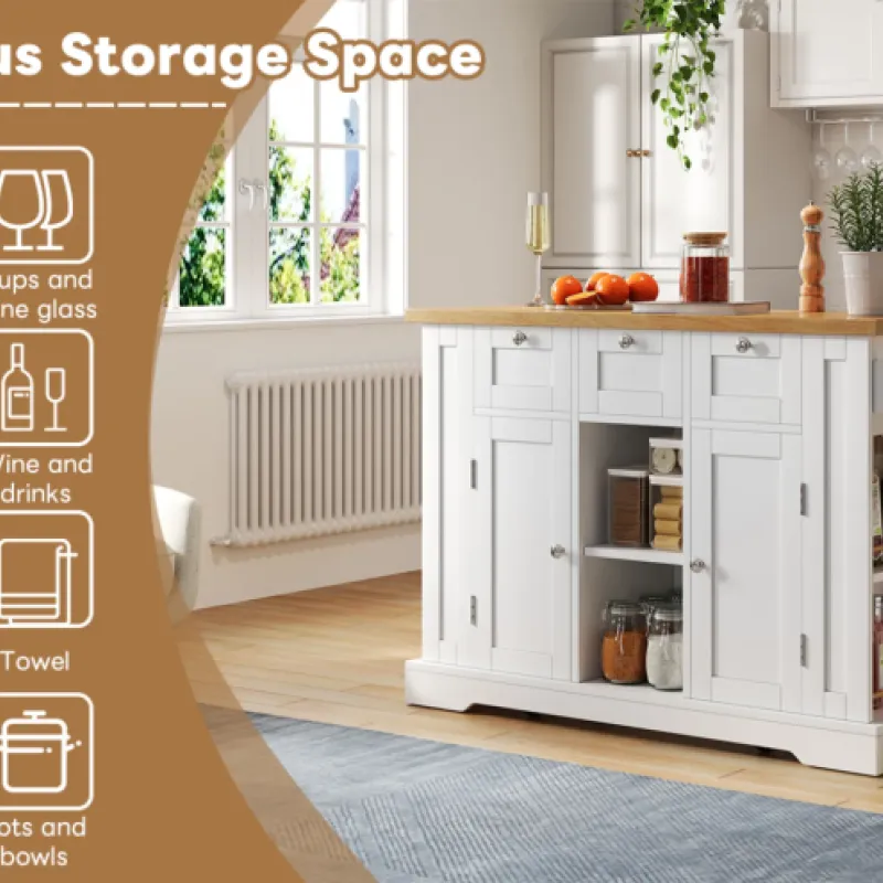 Farmhouse Mobile Kitchen Island with Drop-Leaf Countertop & Integrated Charging Station, 132cm