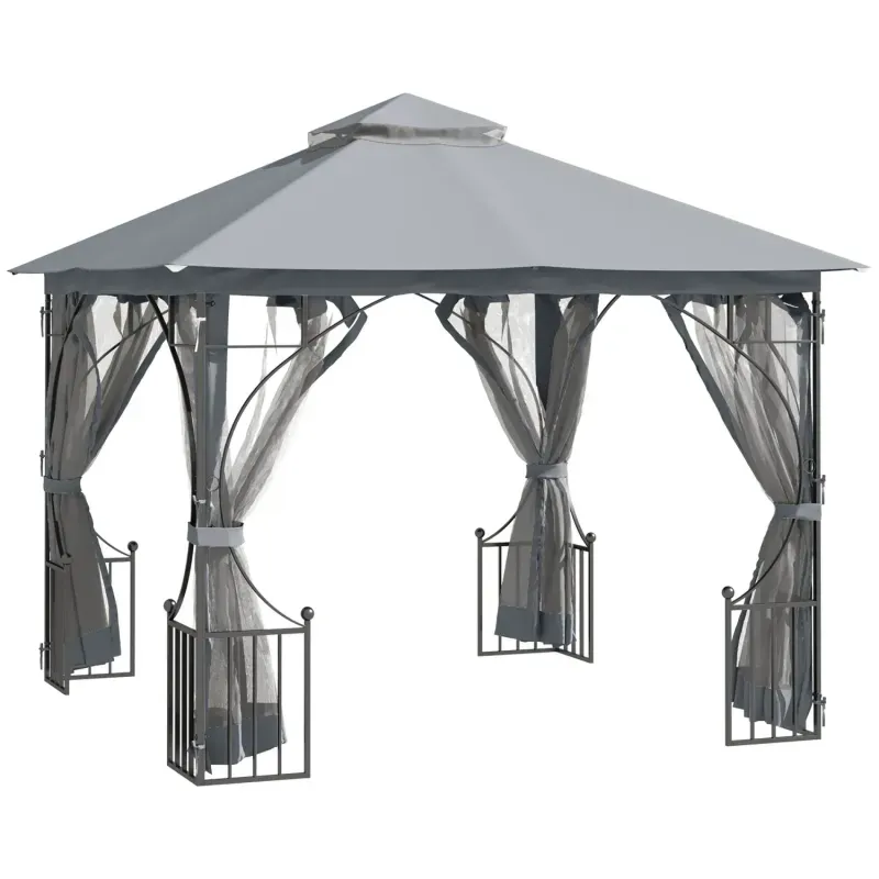  3m x 3m Garden Gazebo with Mesh Curtains and Double Tier Roof - Light Grey