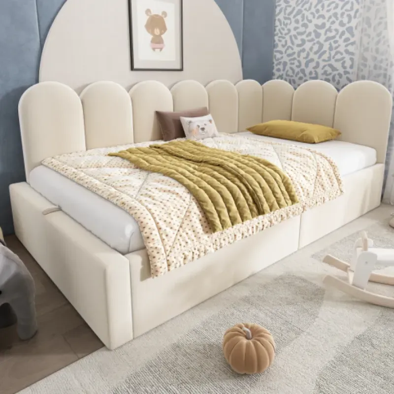 Velvet Daybed, Single, in Beige, with Hydraulic Ottoman Storage