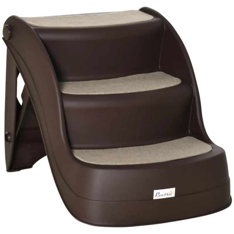 3-Step Foldable Pet Stairs with Non-Slip Treads - Brown