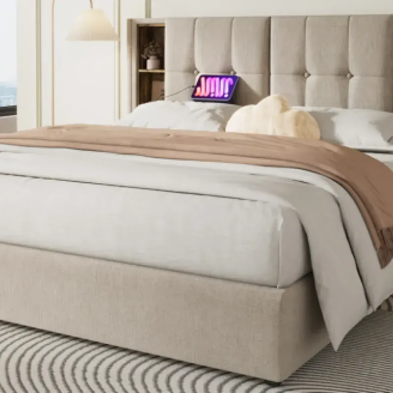 4ft6 Double Ottoman Storage Bed with Wireless Charging & USB - Natural Linen