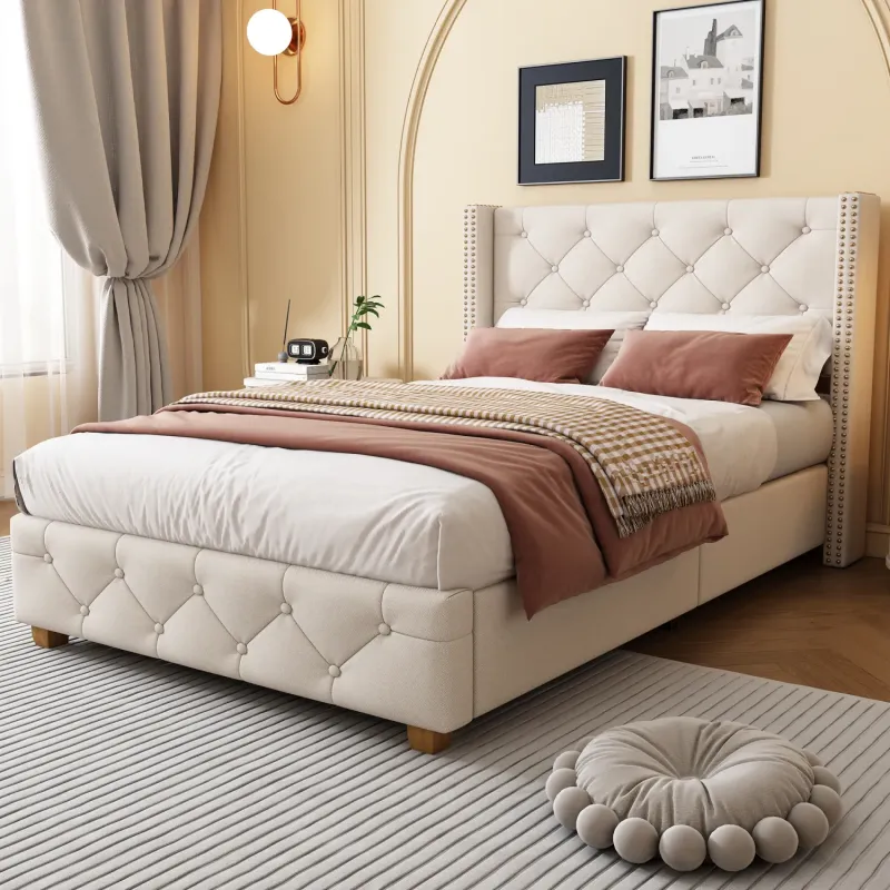 Linen Upholstered Single Bed Frame with Button Tufting and Rivet Detail - Beige