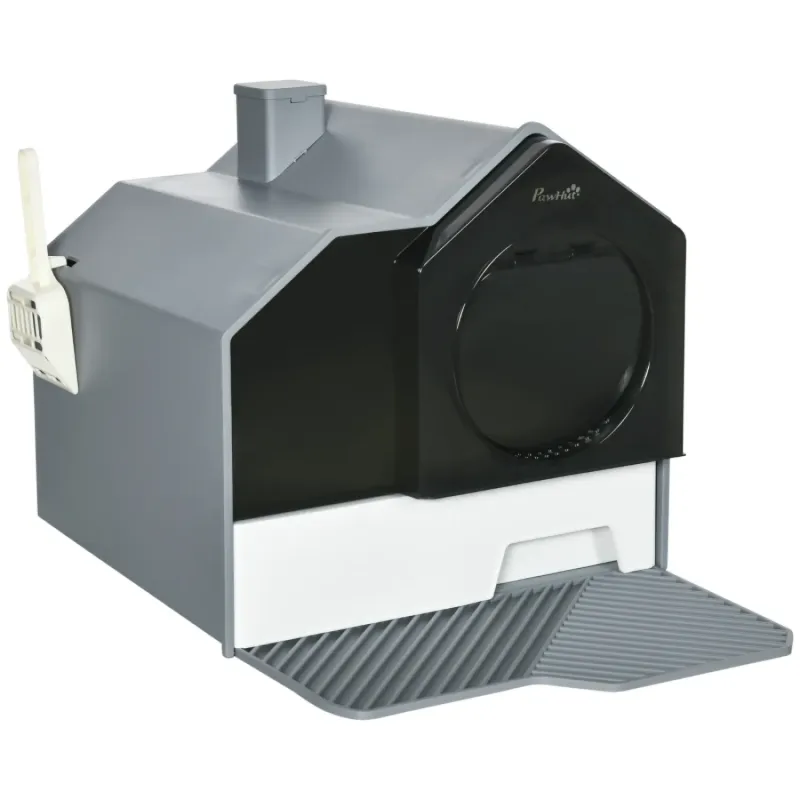 Hut Design Hooded Cat Litter Box with Drawer and Scoop - Grey