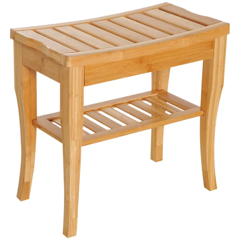 45cm 2-Tier Slatted Wood Shower Stool with Storage Shelf