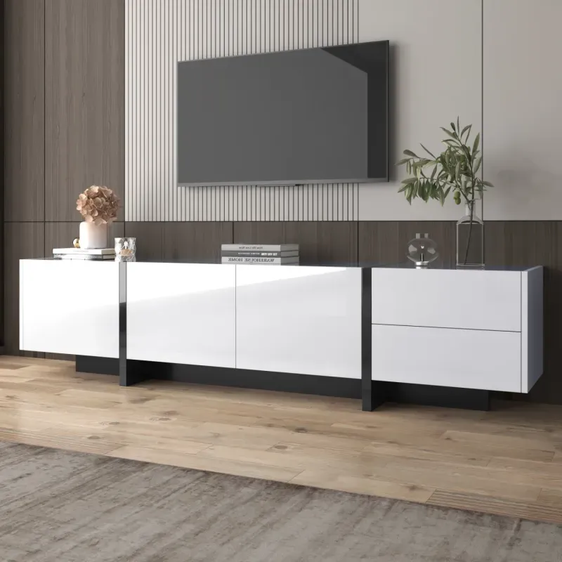 190cm High Gloss TV Unit - Modern Black & White Media Cabinet with 3 Doors & 2 Drawers