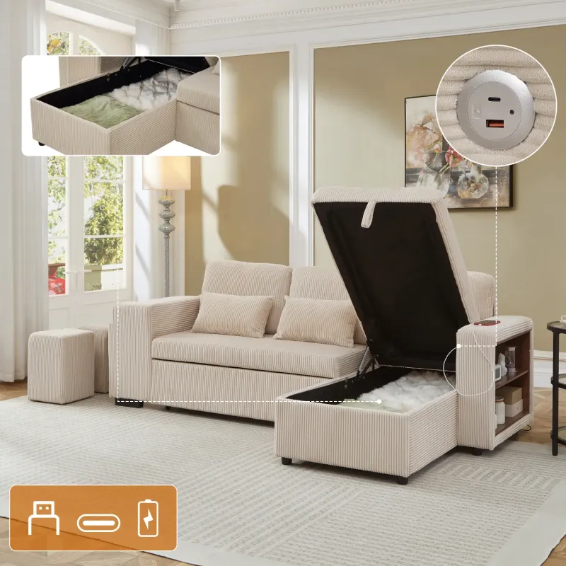 Corduroy Sofa Bed, 3-Seater L-Shaped, in Beige, with Storage Chaise and Charging Station