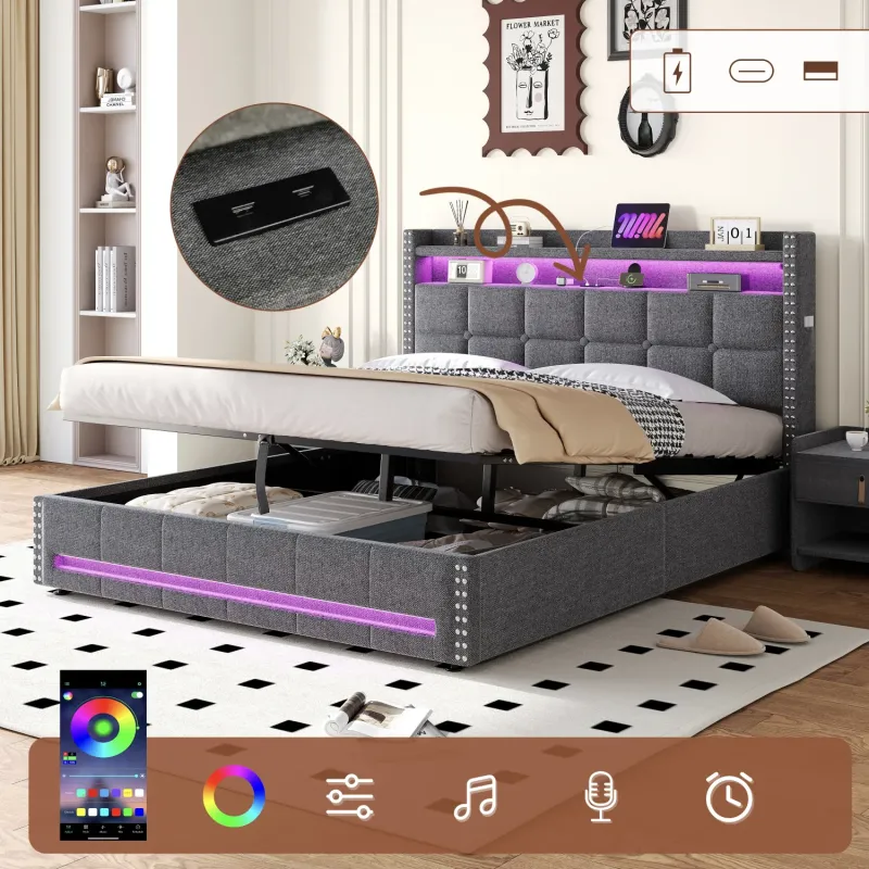 4ft6 Double Upholstered Ottoman Storage Bed with LED Headboard and USB Charging - Grey