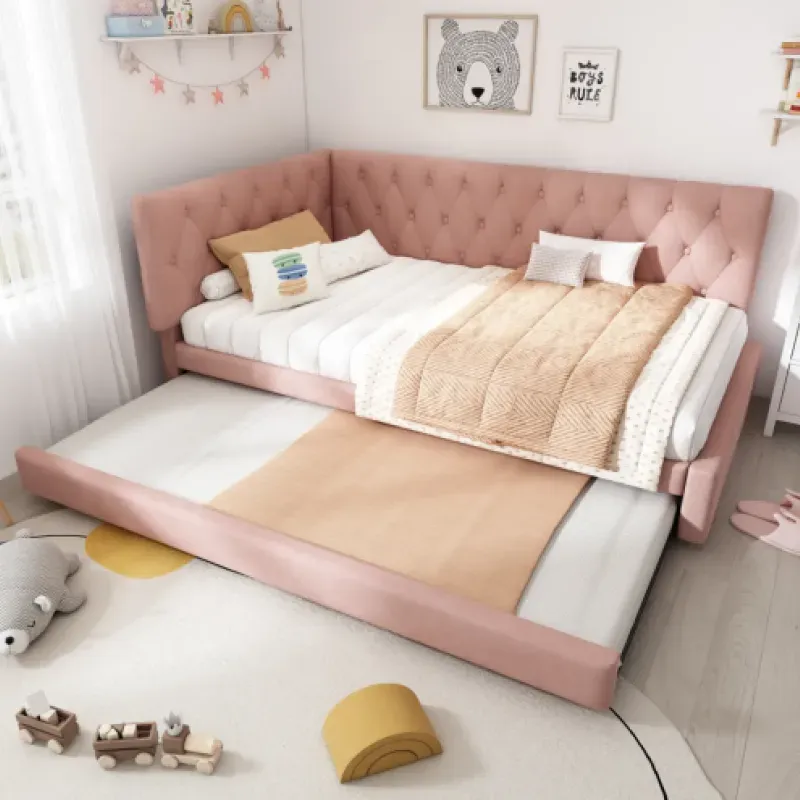 Pink Velvet 3FT Single Upholstered Daybed with Pull-Out Trundle Bed