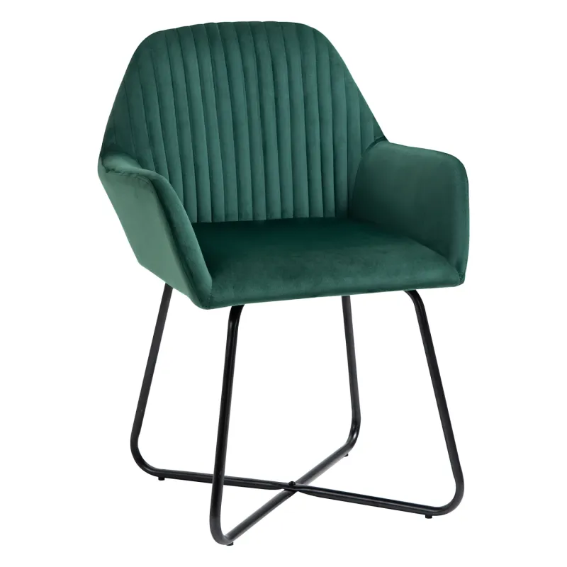 Velvet-Feel Upholstered Armchair in Green with Criss-Cross Metal Base
