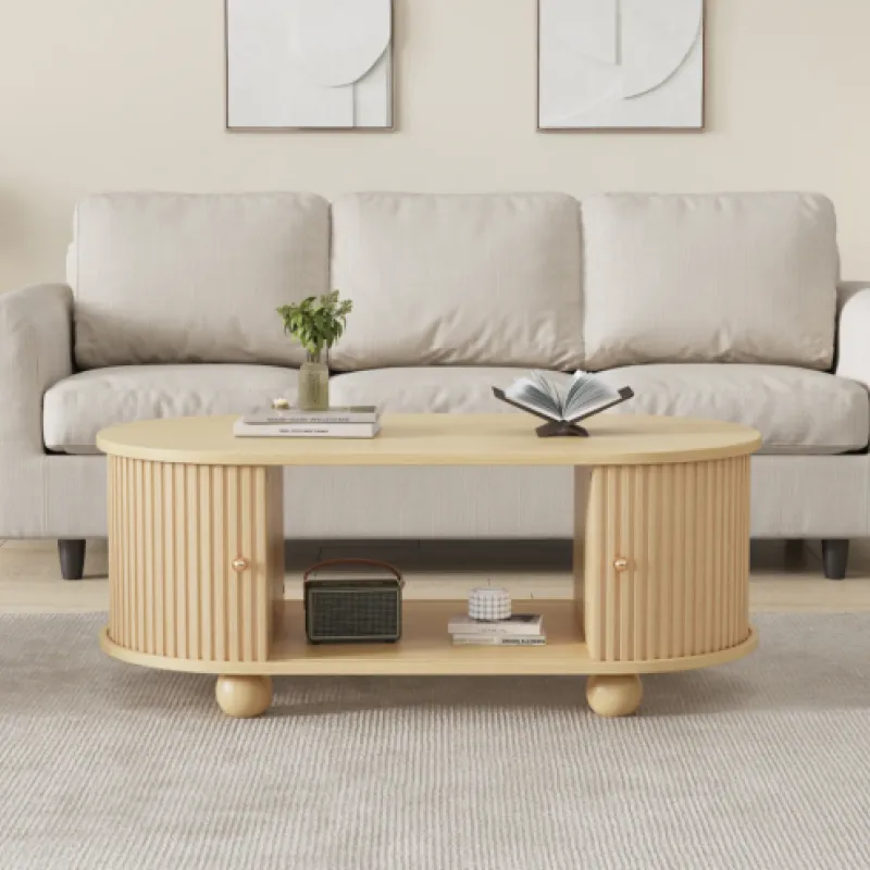 Oval Coffee Table, Wood Effect in Natural Wood, with Fluted Sliding Doors and Storage