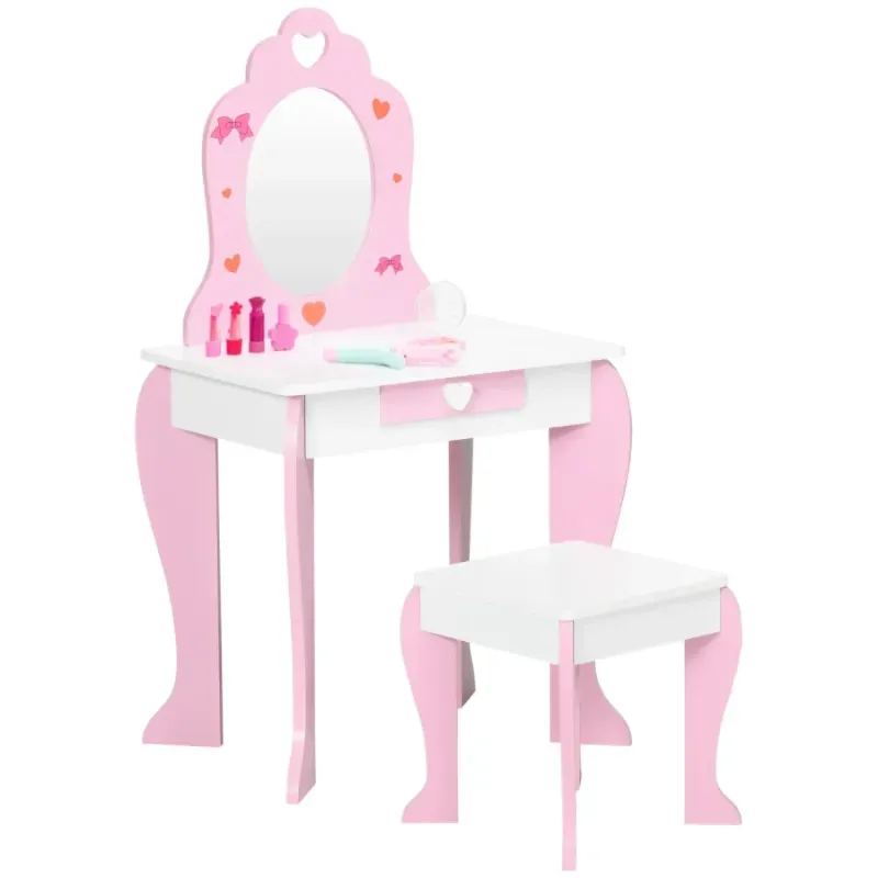 Children's Pink Heart Pattern Dressing Table and Stool Set, Ages 3-6