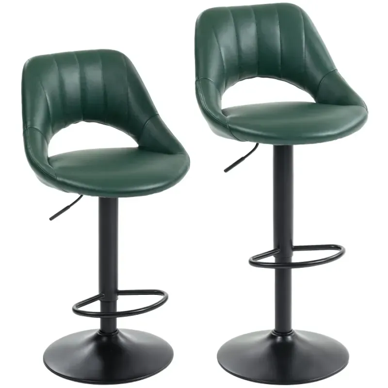 Set of 2 Faux Leather Bar Stools with Adjustable Height and Swivel - Dark Green
