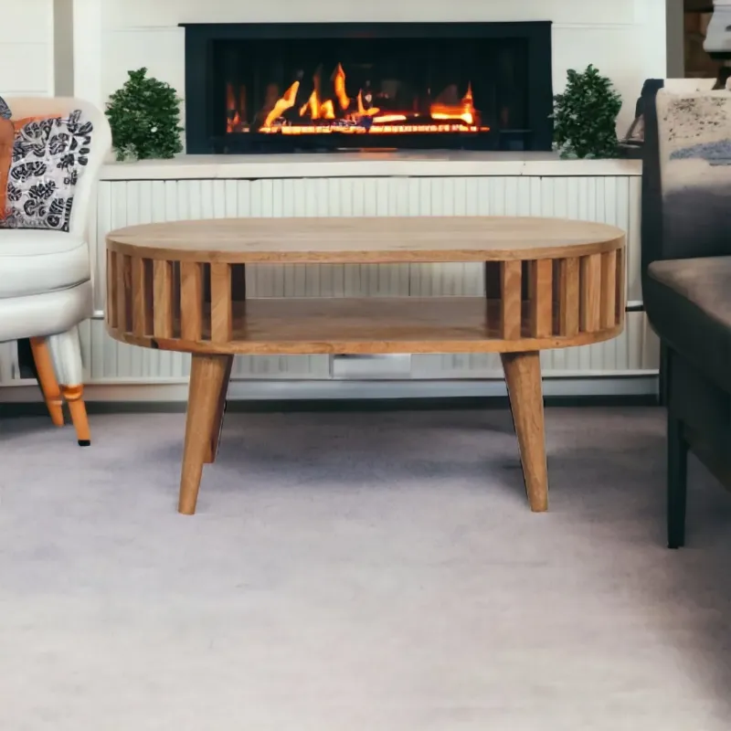 Ariella Rectangular Coffee Table, Solid Mango Wood in Beige, with Storage Shelf